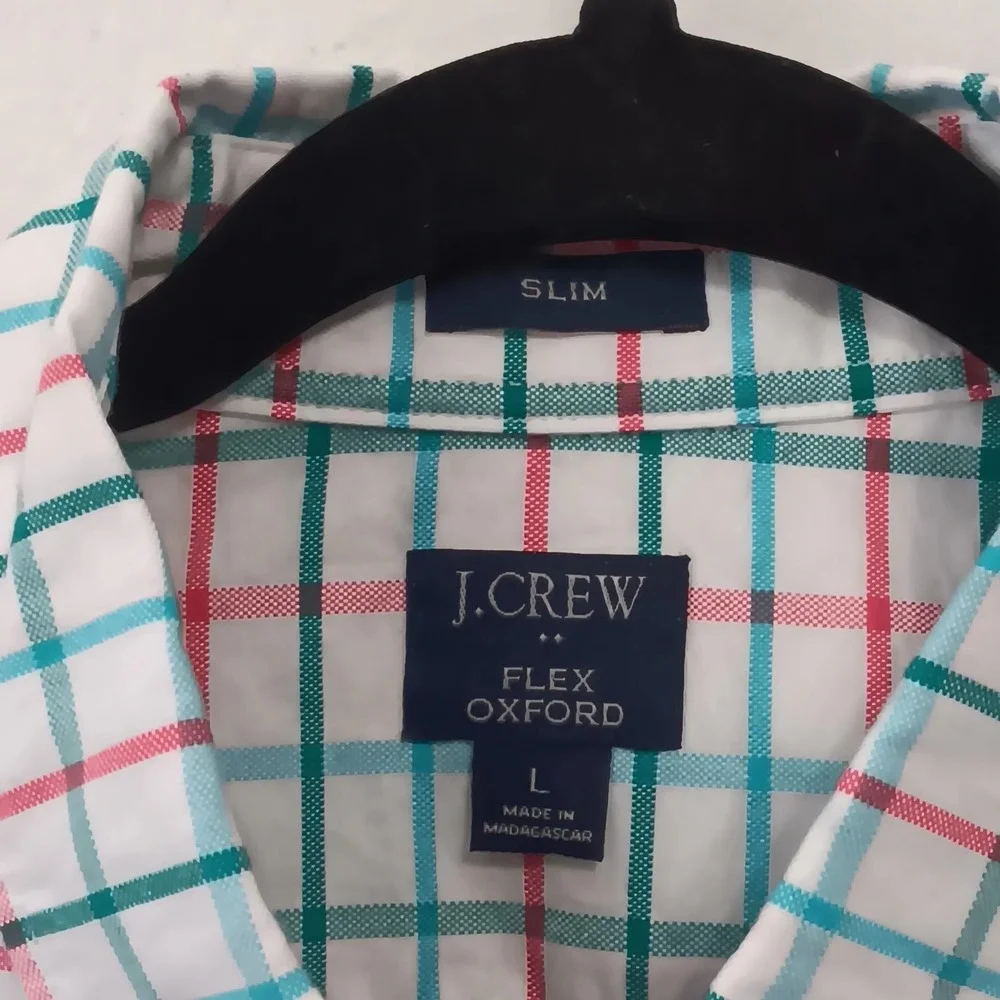 J.Crew Flex Oxford Shirt‎ L  Slim Fit Men's White Red Green Plaid Button Down